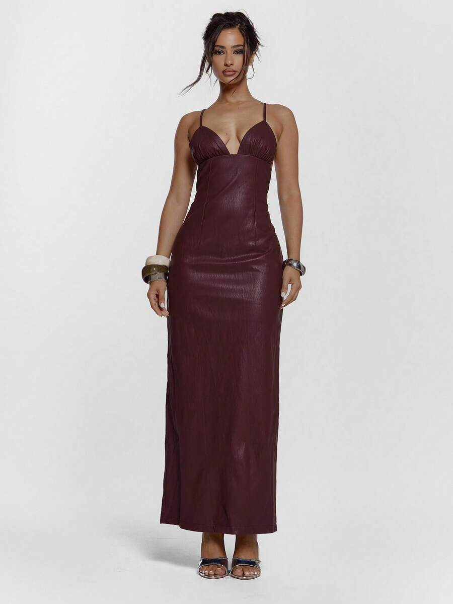 MUSERA V领深V褶皱胸部修身仿皮长款连衣裙，性感外出秋季夜游可爱街头风Feraux派对 - 酒紅色 - 查看 1