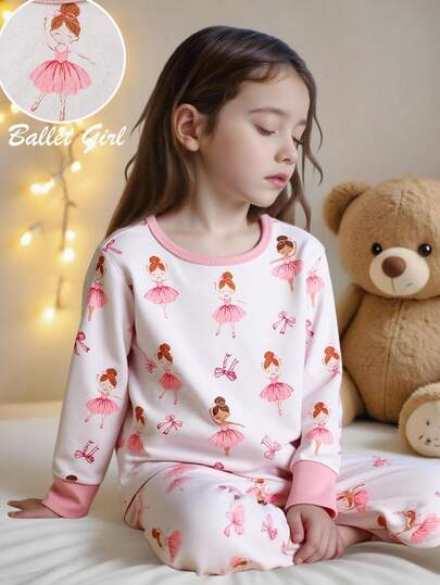 SHEIN 2pcs/Set Young Girls Snug Fit Pajama Set, Cartoon Bear Pattern Knit Soft Round Neck Long Sleeve Top And Elastic Waist Long Pants Sleepwear, Autumn/Winter, Sisterly Girl Sleep Wear Little Girl Pajamas Set Ballet Clothes Toddler Ballerina Outfit Girls Kids Pj Set Girls Pink Kids Pj Set Girl Pink Kids Loungewear Cute Pjs Sets For Girls Girls Cute Pajamas Girls Sleepwear