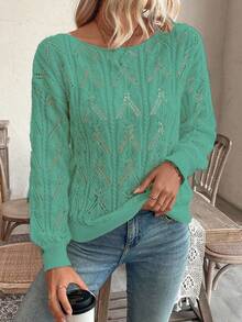 EMERY ROSE Vacation Style Casual Hollow Floral Pattern Off-Shoulder Loose Pullover Sweater - Mint Green - View 6
