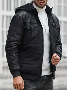 Manfinity CasualCool Thermal Lined Solid Color Pocket Design Hooded Winter Long Sleeve Coat For Men, Black Coat - Black - View 3