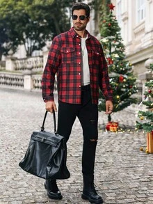 Manfinity CasualCool Áo khoác nam tay dài cài nút phía trước, trang phục thường ngày, ấm áp, áo sơ mi kẻ sọc, giáng sinh, thu đông - Đỏ - Xem 5