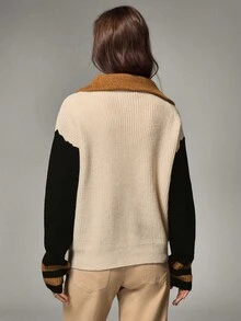 SHEIN Women's Contrast Color Drop Shoulder Long Sleeve Zip-Up Casual Loose Sweater, Autumn/Winter - Multicolor - View 2