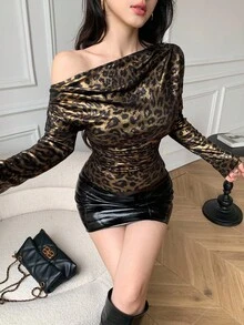 Celisse Women's Fashion Commuter Leopard Print Asymmetric Collar T-Shirt