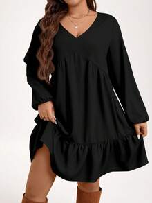 EMERY ROSE 秋季服装纯黑色灯笼袖荷叶边下摆罩衫连衣裙秋季女装秋季婚礼宾客礼服感恩节服装节日服装节日派对礼服 - 黑色 - 查看 1