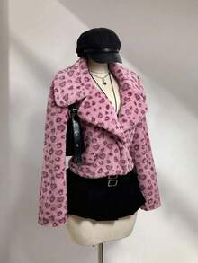 SHEIN Unity 1件女士仿皮草外套，粉色蓬松爱心印花毛领休闲夹克，适合冬季/情人节穿着 - 粉色 - 查看 1