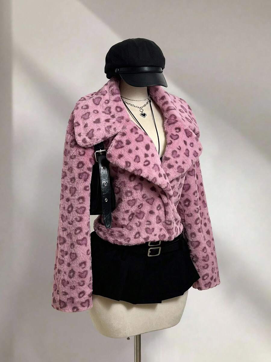 SHEIN Unity 1件女士仿皮草外套，粉色蓬松爱心印花毛领休闲夹克，适合冬季/情人节穿着 - 粉色 - 查看 1