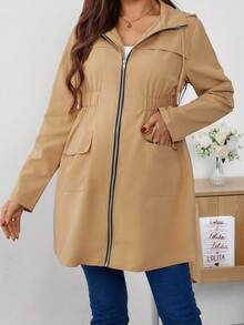 SHEIN Maternity Casual Solid Color Hooded Jacket, Spring/Autumn - Khaki - View 1