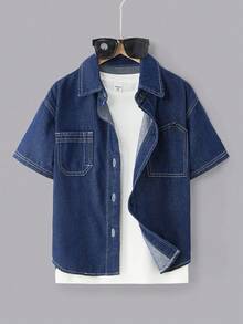 Oversized Casual Denim Shirt & Shorts Set For Tween Boy Contrast Stitching