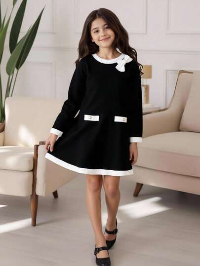 SHEIN 年轻女孩撞色蝴蝶装饰毛衣裙，适合居家、外出、聚会，秋冬