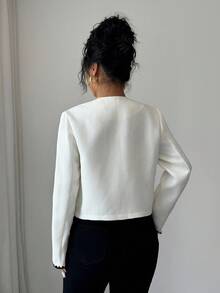 SHEIN Elenzya Elegante chaqueta de mujer tipo cárdigan con cuello redondo, tela texturizada, cinta, bolsillo y decoración de botones