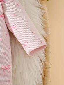 SHEIN Newborn Infant Bow Print Cute Baby Jumpsuit + Hat, Autumn/Winter