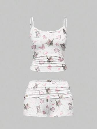 Süßer Kawaii Kitty Schleife Tanzkleidung, komplett allover bedrucktes Spitzen-Camisole & gerüschte Shorts Loungewear Set