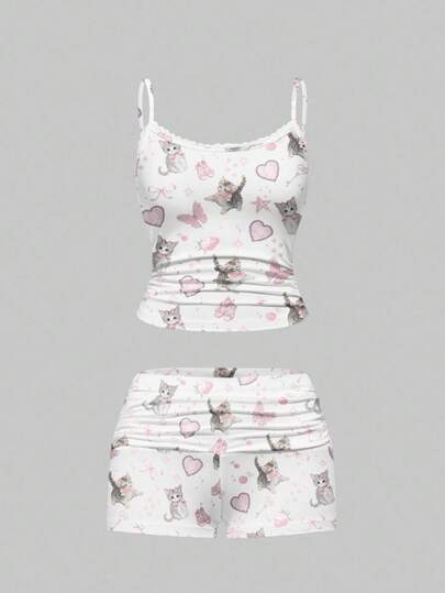 Conjunto de ropa de estar en casa con camiseta de encaje con estampado completo y shorts fruncidos con diseño lindo y kawaii de gatito con moño