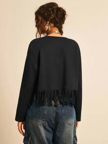 Freevana Plus Size Solid Color Drop Shoulder Long Sleeve Fringe & Rivet Decor Jacket/Winter - Black - View 2