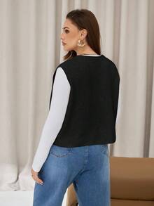 Auralis Chaleco de punto casual, suelto y cómodo de estilo básico y versátil en color albaricoque para mujer de talla grande, para otoño e invierno, para volver al colegio, para el aeropuerto, para uso casual, para invierno, de estilo sencillo - Negro - Ver 2