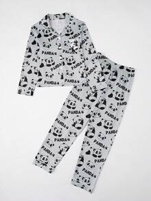 青少年男孩熊猫字母印花撞色滚边长袖开衫和宽松长裤睡衣套装，春秋季 - 淺灰色 - 查看 3