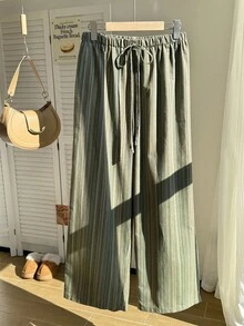 Comfortcana Cotton Linen Textured Striped Drawstring Waist Comfortable Casual Plus Size Pants - Green - View 3