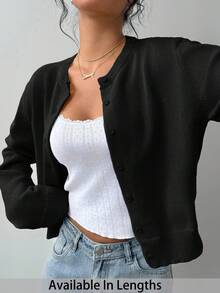 SHEIN Tall CURVE 大码休闲纯色圆领长袖宽松短款女式毛衣开衫秋冬女装 - 黑色 - 查看 1