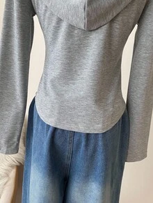 Teen Girl Casual Slim Fitted Knitted Zip Up Sweatshirt, Suitable For Back To School Season, Korean Style Fall Winter - Grey - View 3