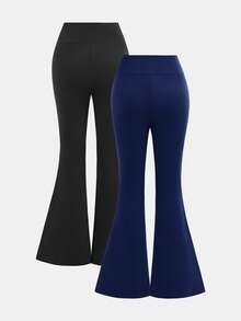 Girlism 2pcs/Set Tween Girls Solid Color Flared Pants Bottoms, Versatile Daily Wear - Navy Blue - View 2