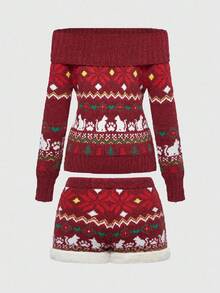 ROMWE Avant 女式圣诞费尔岛雪花图案露肩长袖毛衣和针织短裤两件套，秋冬 - 彩色 - 查看 5