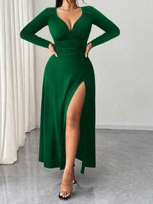 Elenzga Plus Size Women's Elegant Solid V-Neck High Stretch Bodycon Long Sleeve Party Dress, Fashionable Split Design, Versatile - Green - View 4