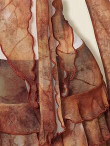 SHEIN ICON 女式复古做旧印花开衫网眼上衣和多层下摆半身裙两件套 - 鏽棕色 - 查看 7