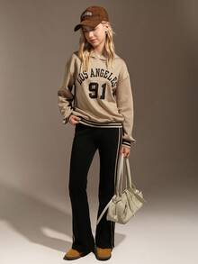 Hanevo 2pcs Set Teen Girls' Letter Print Long Sleeve Hoodie Sweatshirt & Flare Pants Casual Outfit, Spring & Autumn - Khaki - View 5