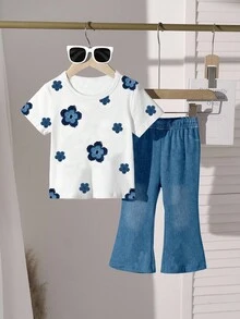 2 件套年轻女孩休闲时尚可爱创意花卉牛仔印花短袖 T 恤和喇叭裤套装，夏季 - 彩色 - 查看 3
