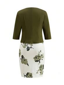 Ellevyn 2 Stücke/Set Elegantes Damen Bodycon Kleid mit Blume Muster und rosa Strickjacke mit Halbarm, geeignet für Dates, den Arbeitsweg und den Alltag