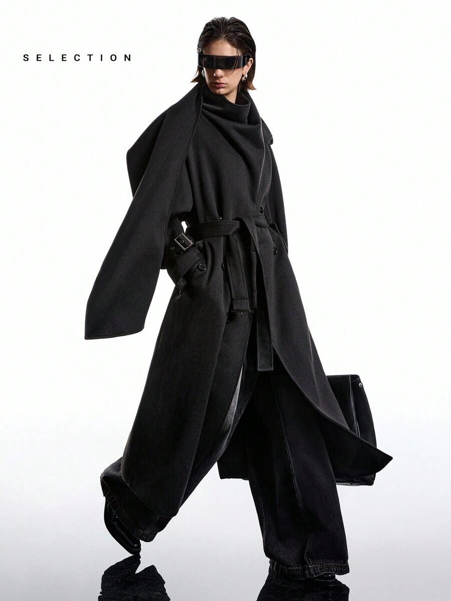 SHEIN EZwear 加大码长袖休闲长款外套，秋冬女士长款外套 - 黑色 - 查看 1