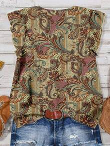 EMERY ROSE Women's Casual Flutter Sleeve Button V-Neck Blouse, Minimalist Mature Retro Floral Print Pattern, Comfortable For Spring/Autumn - Multicolor - View 2