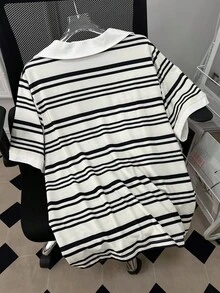 INAWLY 大码女式骑士印花条纹短袖休闲 Polo 领 T 恤 - 彩色 - 查看 2