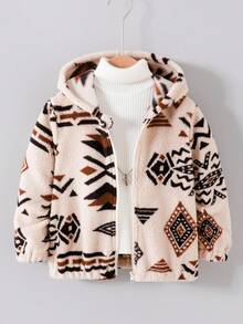 Genkimix Kids 小男孩复古图案长袖拉链夹克，适合秋冬季、户外、休闲、运动、上学、日常穿着 - 杏色 - 查看 1