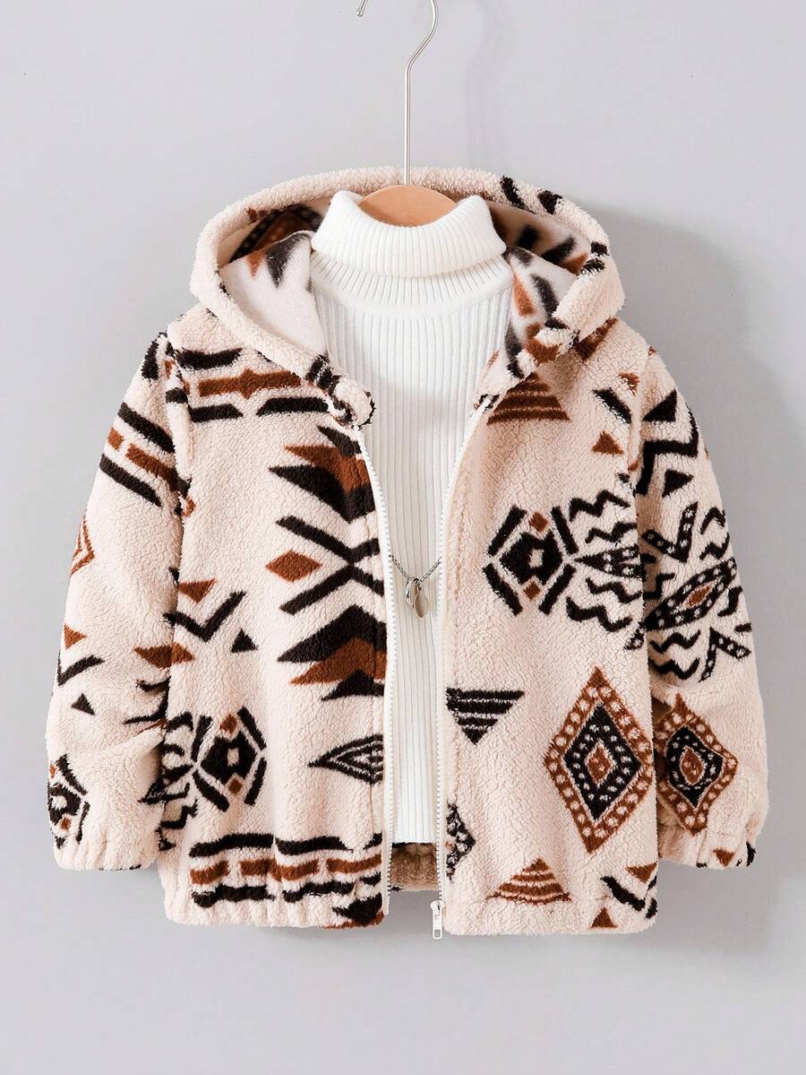 Genkimix Kids 小男孩复古图案长袖拉链夹克,适合秋冬季、户外、休闲、运动、上学、日常穿着 - 杏色 - 查看 1