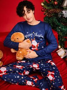 2 piezas Conjunto de pijama a juego con estampado gráfico divertido de Navidad para toda la familia, incluye top de manga larga y pantalones, ropa cómoda para el hogar para hombres, ropa de otoño e invierno