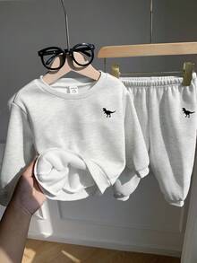 SHEIN 2 件套男婴/女婴可爱休闲运动灰色字母印花长袖连帽衫和裤子运动服套装，秋冬 - 淺灰色 - 查看 4