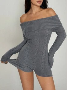 FavEase 时尚性感露肩合身针织连体衣 - 灰色 - 查看 3