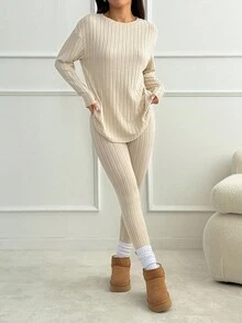 SHEIN PETITE 落肩罗纹针织T恤和紧身裤纹理面料两件套