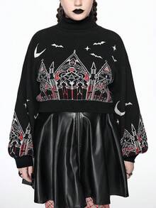 ROMWE Gothic Christmas Castle & Cross Pattern Plus Size Women Turtleneck Contrast Color Pullover Sweater - Black - View 4