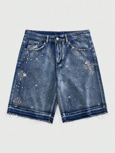 Street Life Men's Colorful Rhinestone Decor Pocket Loose Casual Denim Shorts