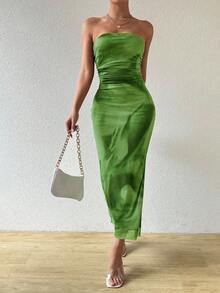 Rafferiza Women Gradient Strapless Dress With Waist Cinching And Ruched Design Maxi Women Outfit - Army Green - View 3