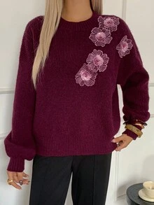 DAZY 女式宽松花卉装饰圆领落肩长袖毛衣，秋冬 - 酒紅色 - 查看 3
