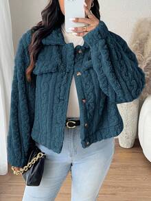 SHEIN Frenchy Plus Size Solid Color Front Button Casual Versatile Long Sleeve Jacket Autumn Winter Clothes For Women - Dark Green - View 6