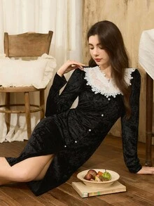 Côtesoire 复古法国贵族魅力蕾丝边撞色天鹅绒黑色女士睡袍 - 黑色 - 查看 3