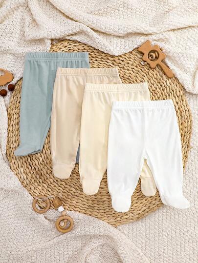 Souflis Souflis 4 件/包新生女婴纯色白色、粉色、黑色、灰色连脚紧身裤 - 柔软、有弹性的罗纹针织面料，穿着舒适，适合所有季节，可爱简约，易于穿着，性价比高，适合日常穿着、外出、度假、0-3 个月、春夏新品、女婴服装套装