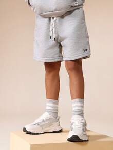 SUMWON Kids Two Piece Grey Fleece Set With Cozy Centre Pocket Hoodie And Matching Drawstring Shorts For Boys Autumn Winter Essential Wear - Light Grey - View 4