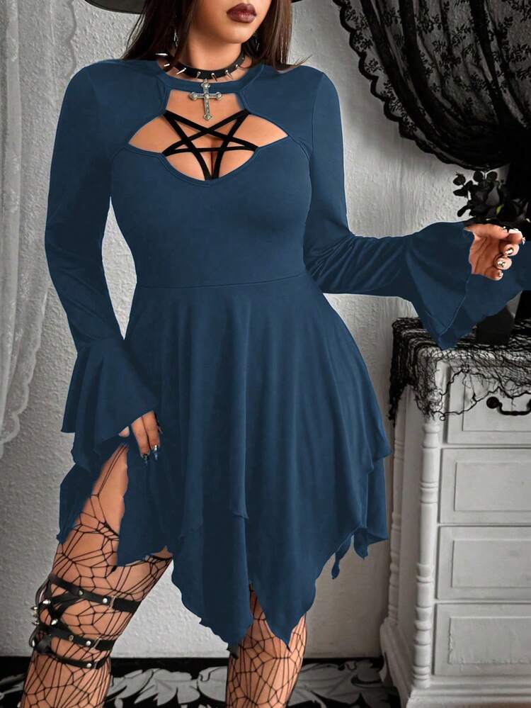 SHEIN Whyspr Modisches, sexy Übergrössen-Kleid mit asymmetrischem Saum und dunklem Sternenmuster - marineblau - Übersicht 3