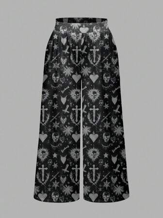 Goth Pantaloni casual a gamba larga da donna taglie forti, stile gotico con stampe di croci, teschi, cuori, sole, luna e stelle
