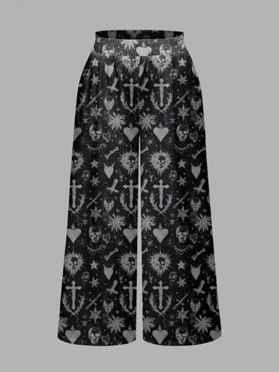 Goth Pantaloni casual a gamba larga da donna taglie forti, stile gotico con stampe di croci, teschi, cuori, sole, luna e stelle